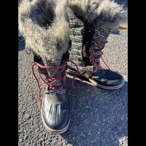 SOREL Snow boots fur trim brown Tall Tweed Leather sz 8.5 womens - Picture 2 of 5